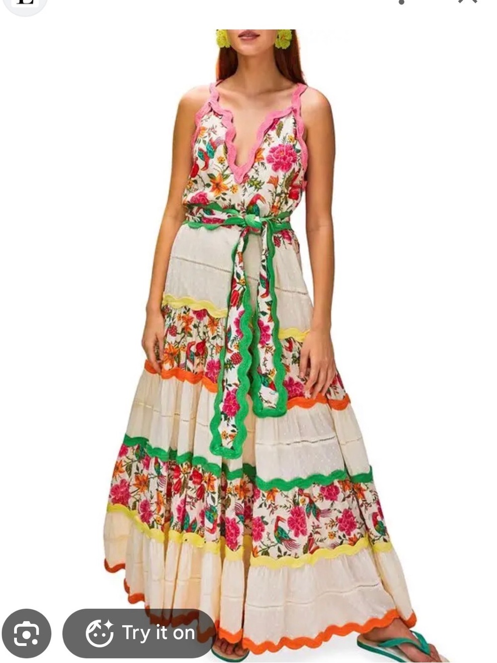FARM Rio Cream Floral Maxi Dress with Pink, Green & Orange Trim